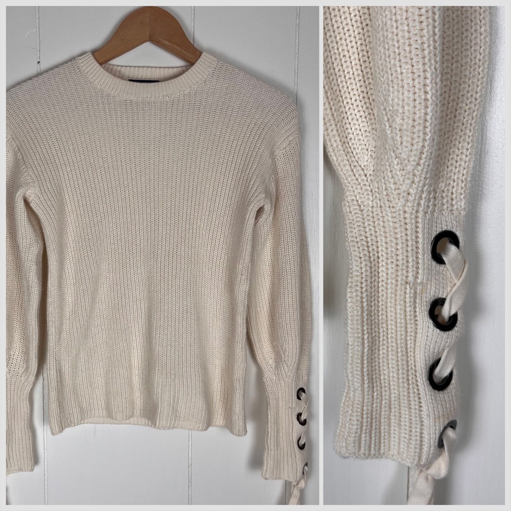 Polo Ralph Lauren Womens Pima Cotton Sweater XS Cream Ribbed Lace Up Cuff Preppy